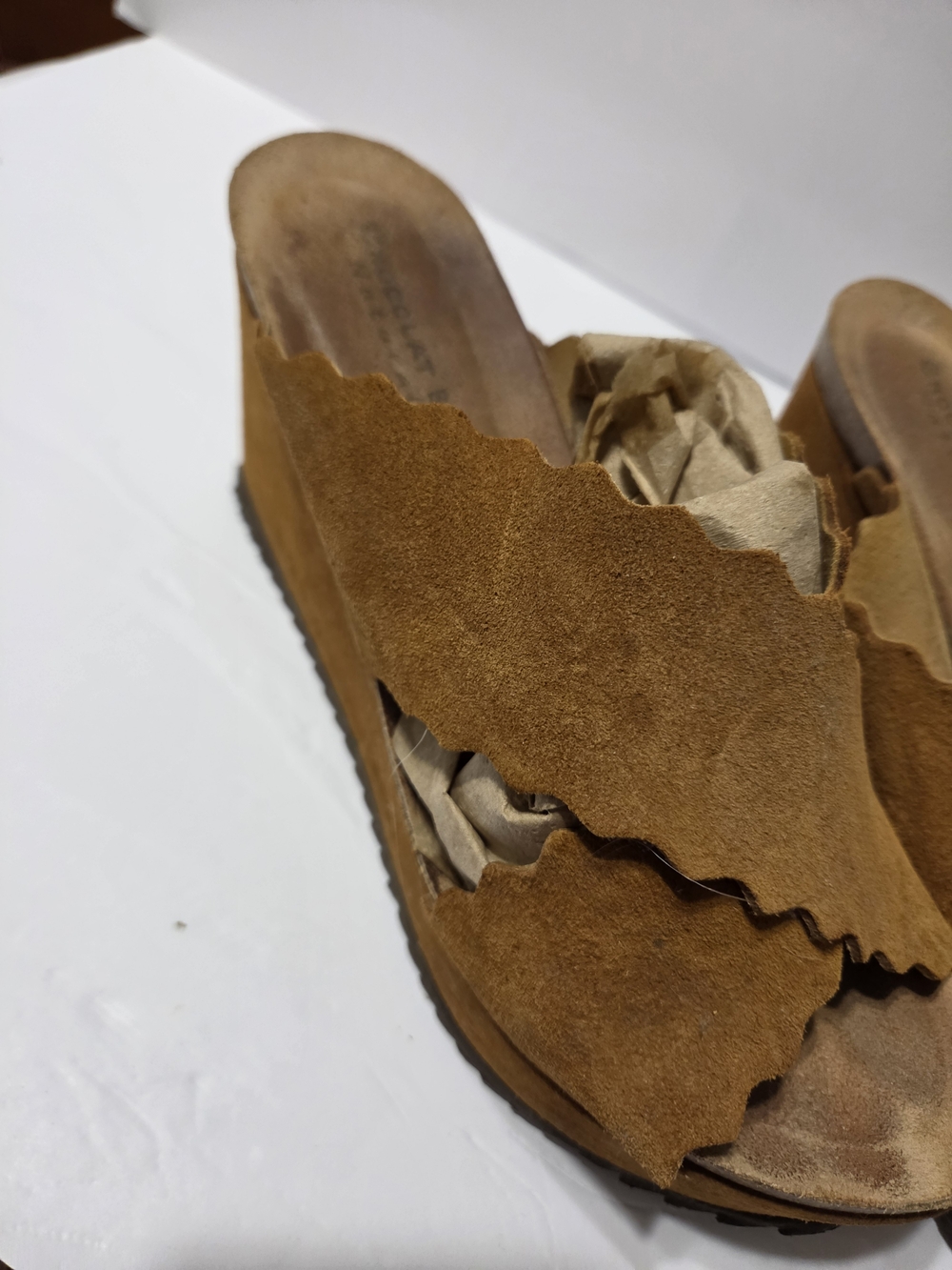 Chocolate Blue  Tan Suede Scalloped Wedge Slide Size 10